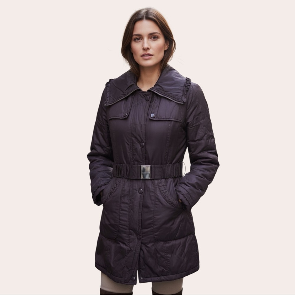 Laundry by Design Plum Ruffle Belted Lightweight Puffer Jacket Small EUC